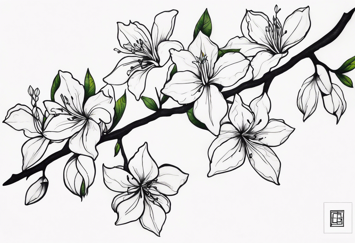 5-petal Azaleas, spread out along a long branch tattoo idea