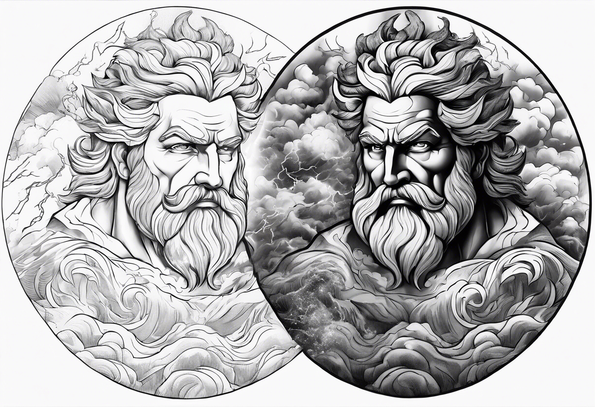 Zeus with a lightning bolt on clouds and Hades in hell below tattoo idea