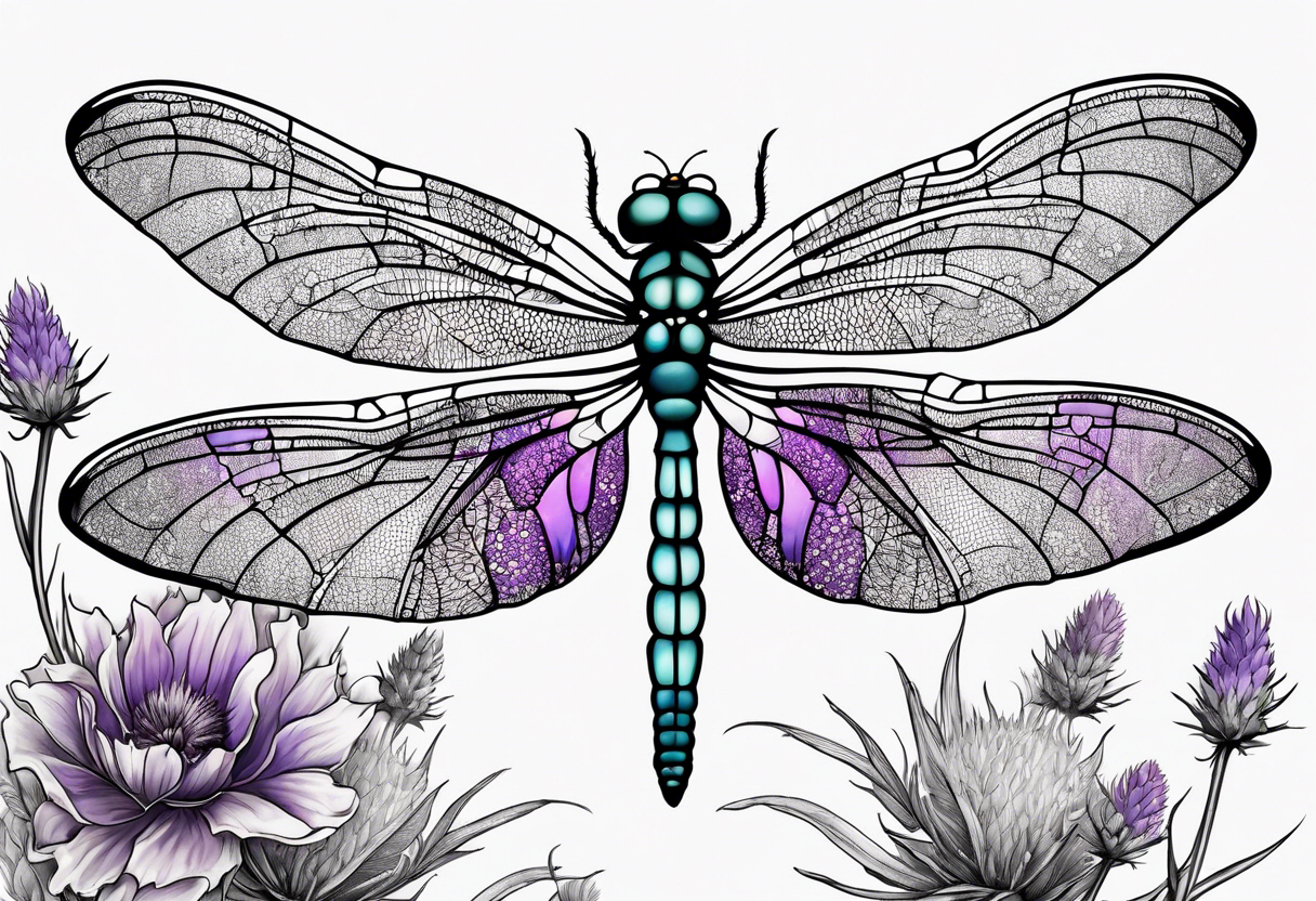 Dragonfly in amber with lavender and thistle tattoo idea