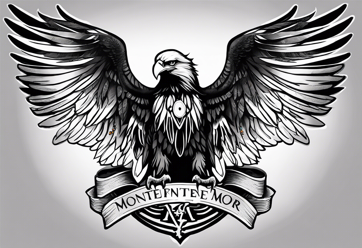 Eagle Wing tattoo with wording Momento Mori. Tattoo should not be too dark or too Light. Balanced tattoo idea