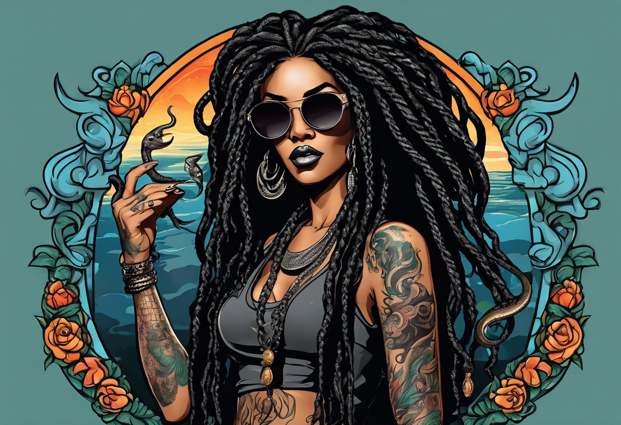 medusa as a beautiful black women with long black dreadlocks and one arm tattooed with snake skin and the other arm tattooed with marble, wearing large black sunglasses, streetwear tattoo idea