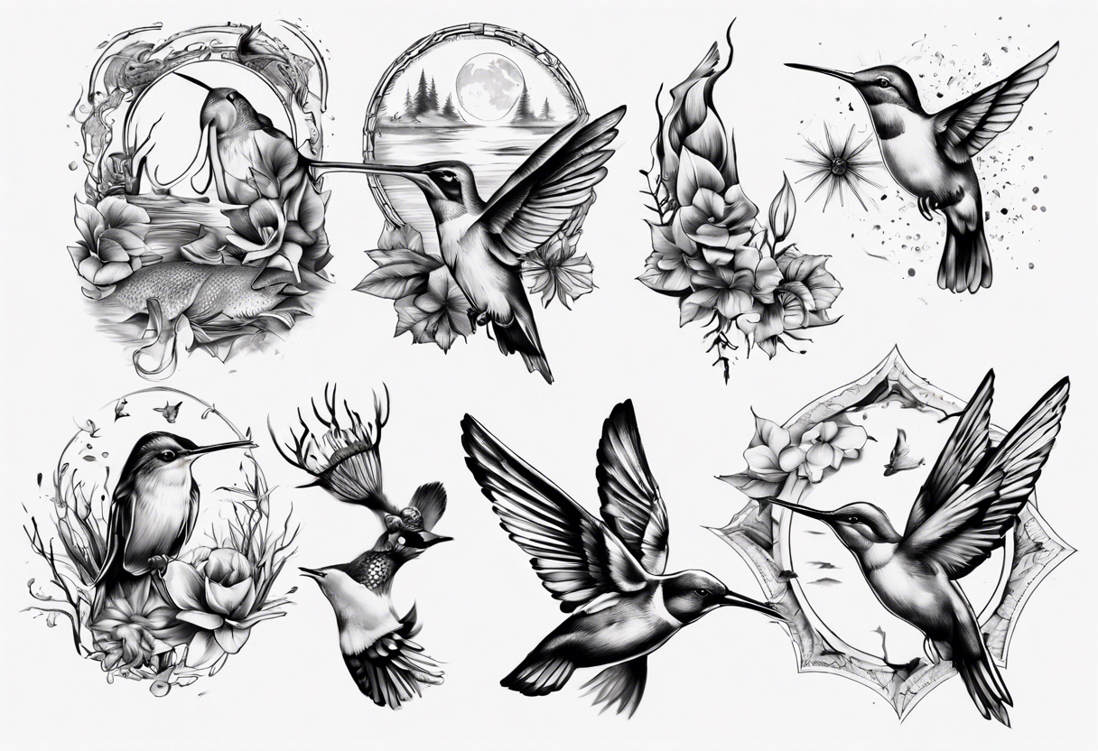 Wasser, Nymphe, Fisch, Hirsch, Wald, Waffe, Sonne, Kolibri tattoo idea