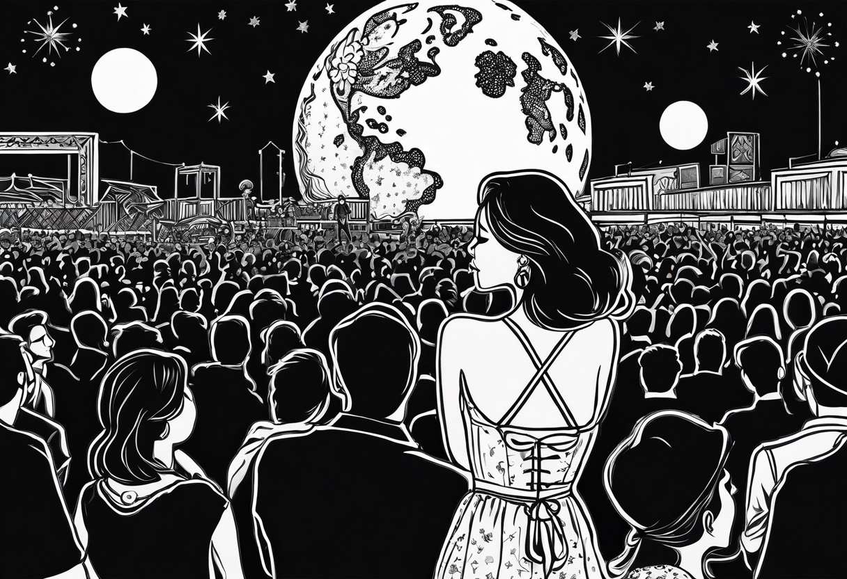 A behind profile of a  girl at a night-time outdoor concert in the crowd smiling and dancing. The frame should be able to see the stage and with the moon in the sky. tattoo idea