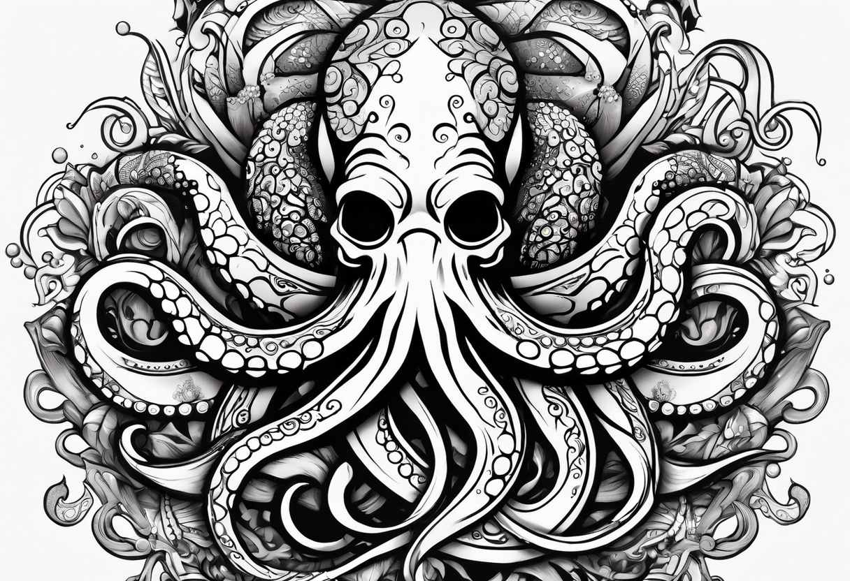 Tribal half sleeve octopus with ribbons around it filled with fish and water waves tattoo idea