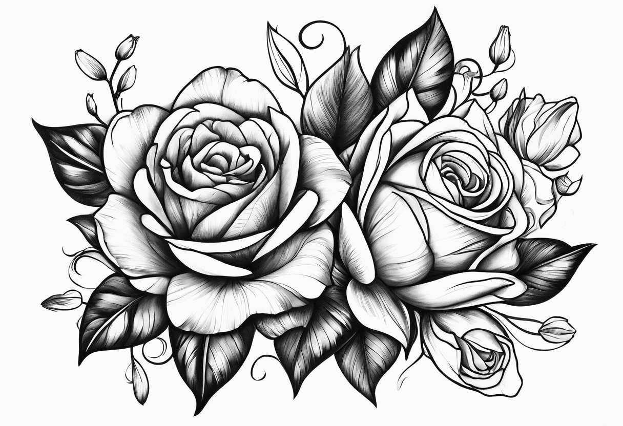 Roses and tulips with decorative swirls tattoo idea