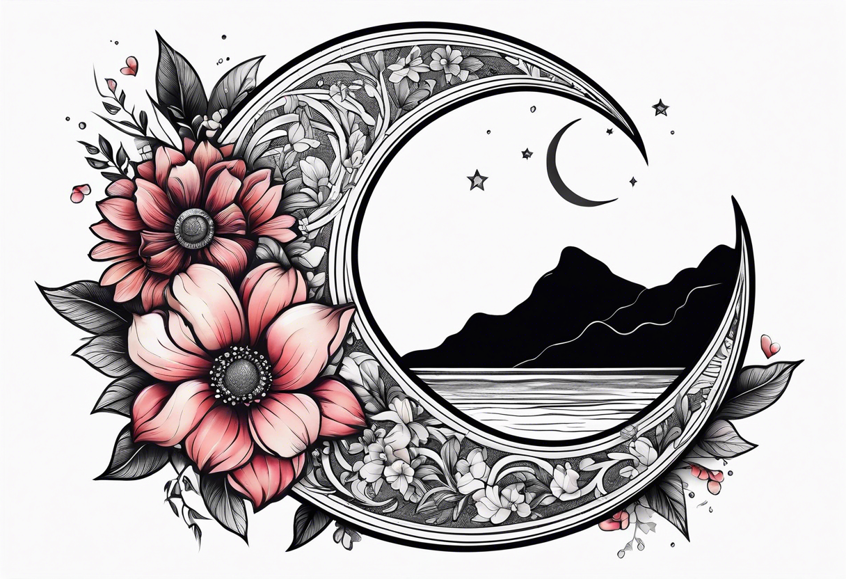 Crescent moon shrouded in pretty flowers tattoo idea