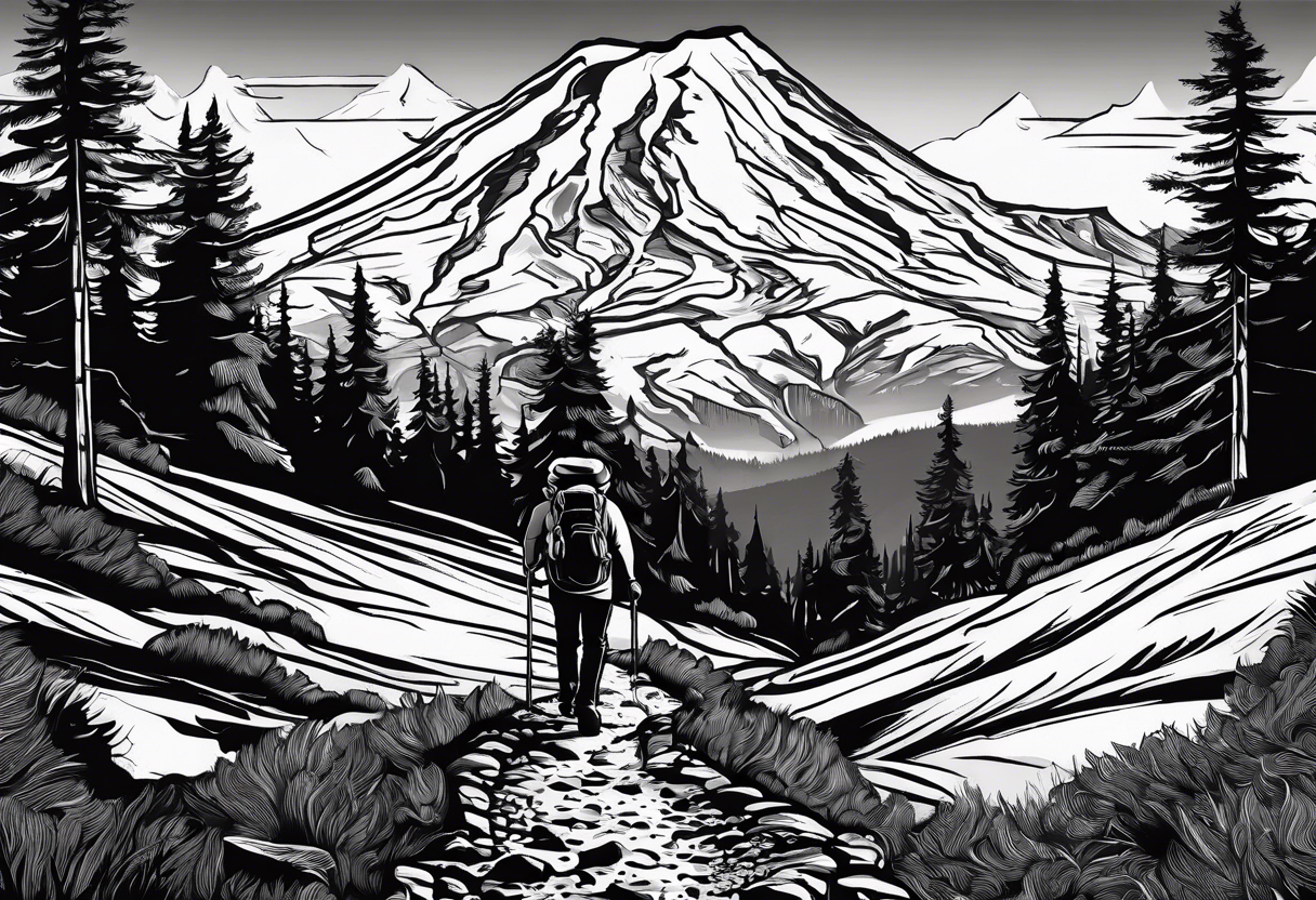 A man  with his family hiking through the mountian Rainer . Add Mexican frame tattoo idea