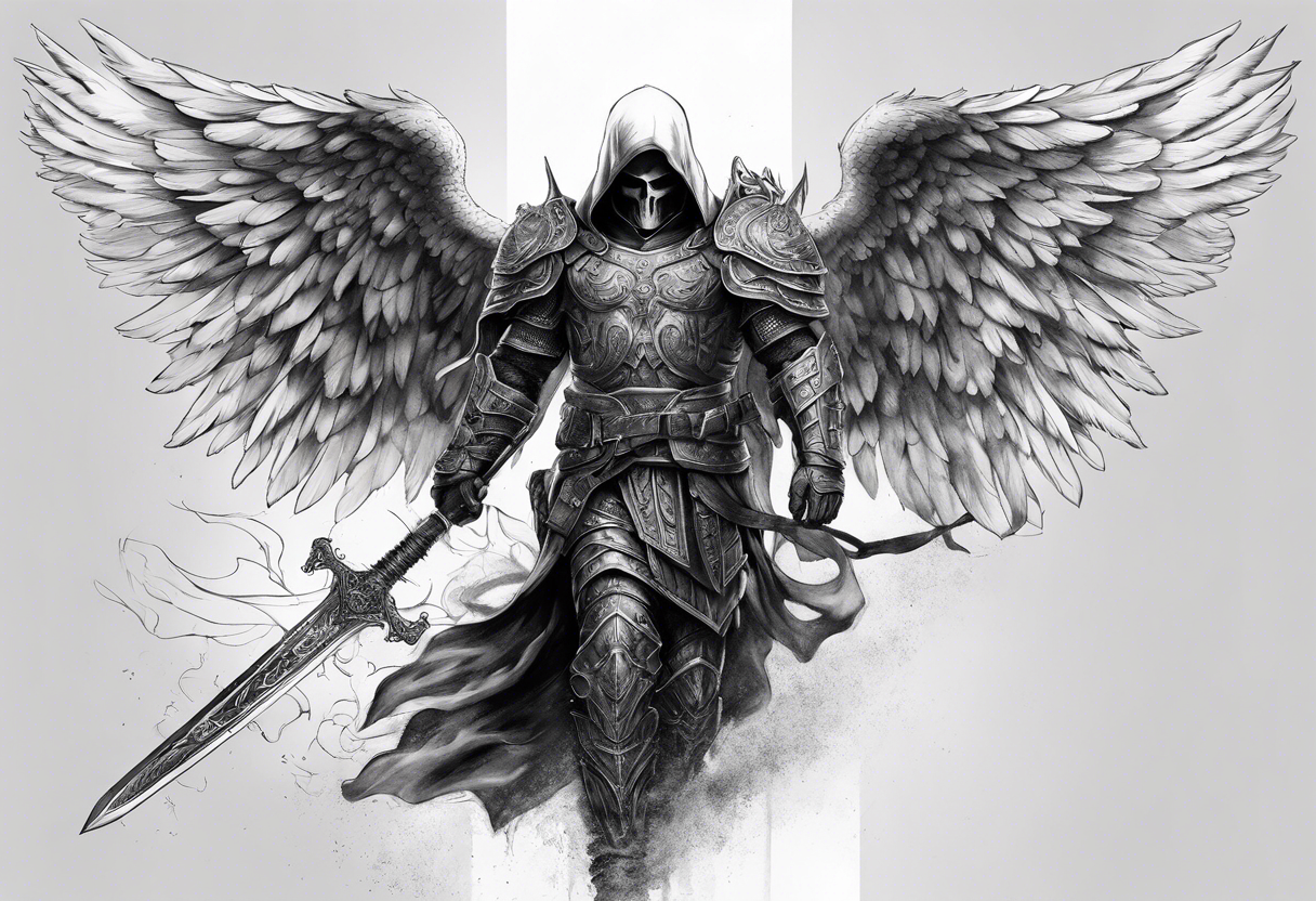 realistic full body of man angel of death, without face, with armour, holding sword in right hand tattoo idea