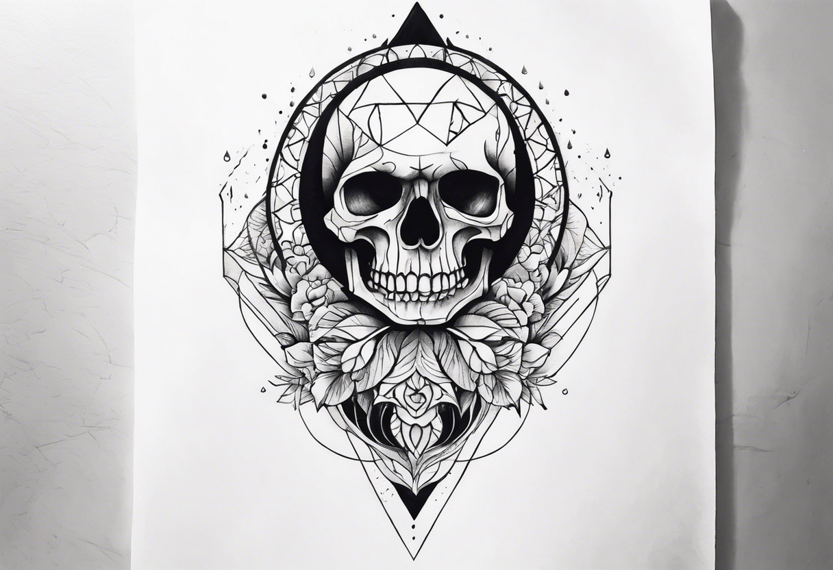 knee tattoo with skull and water colors and shapes tattoo idea