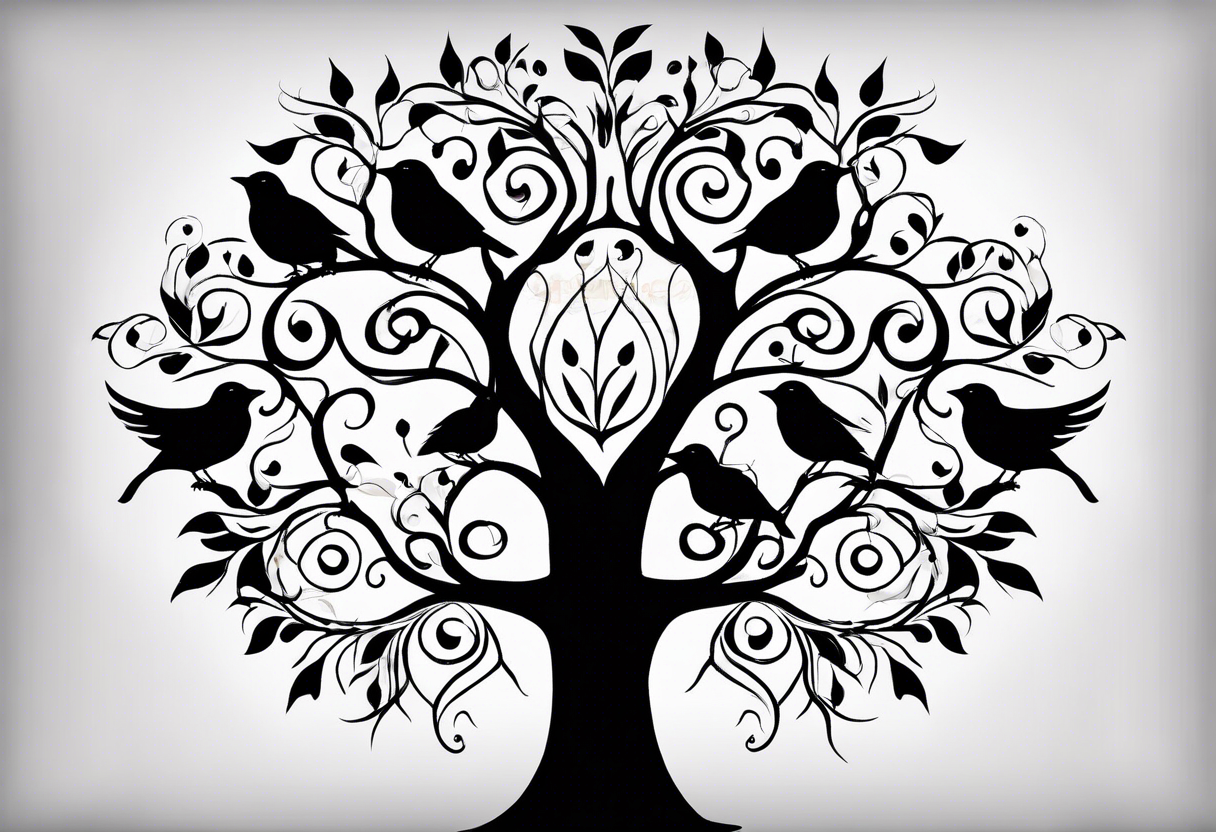 family tree with 6 black birds and cadinal tattoo idea