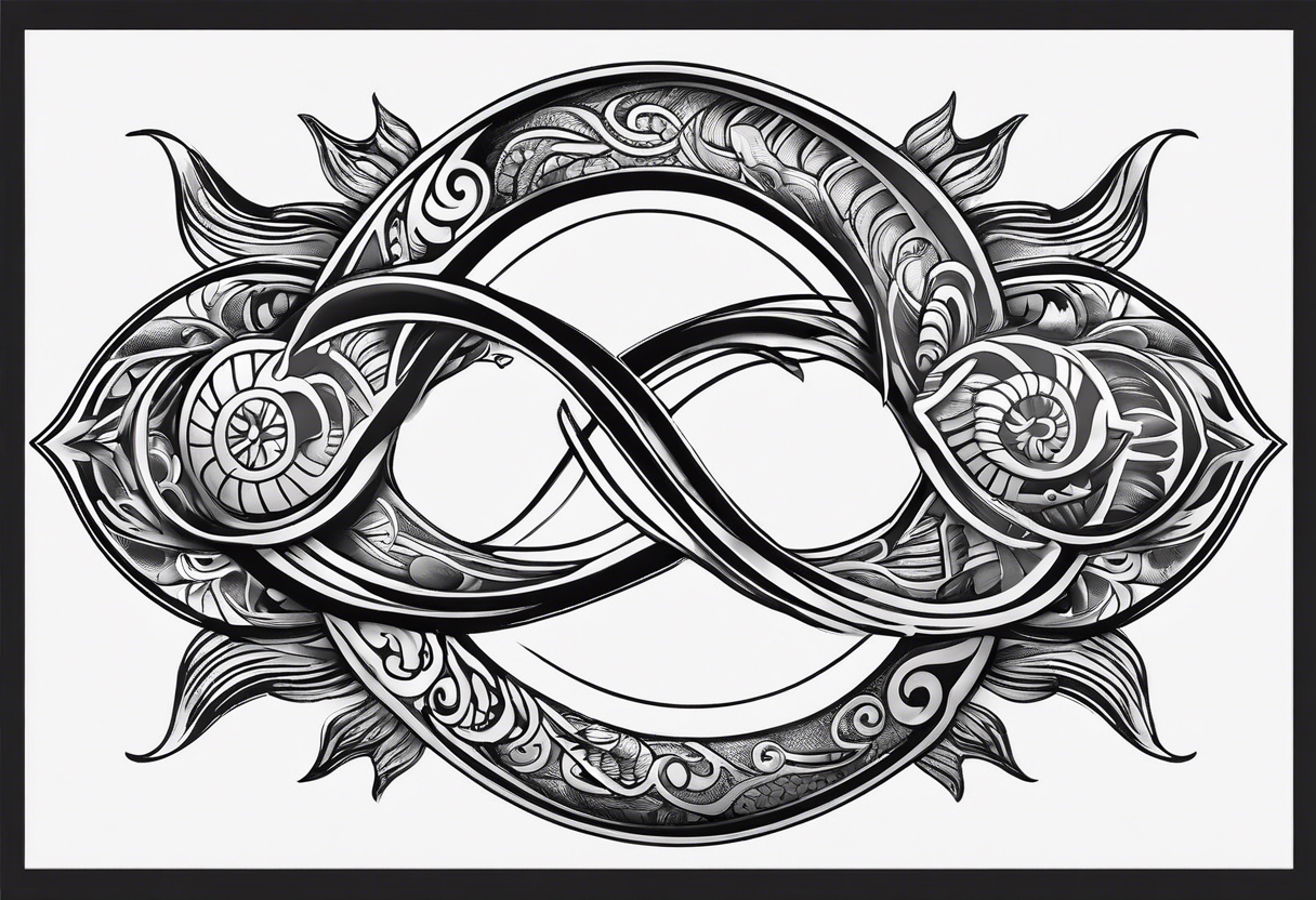 Infinity symbol with coi fish and name tattoo idea