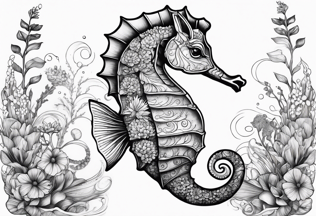 Seahorse in ocean arm tattoo with plants and sea life tattoo idea