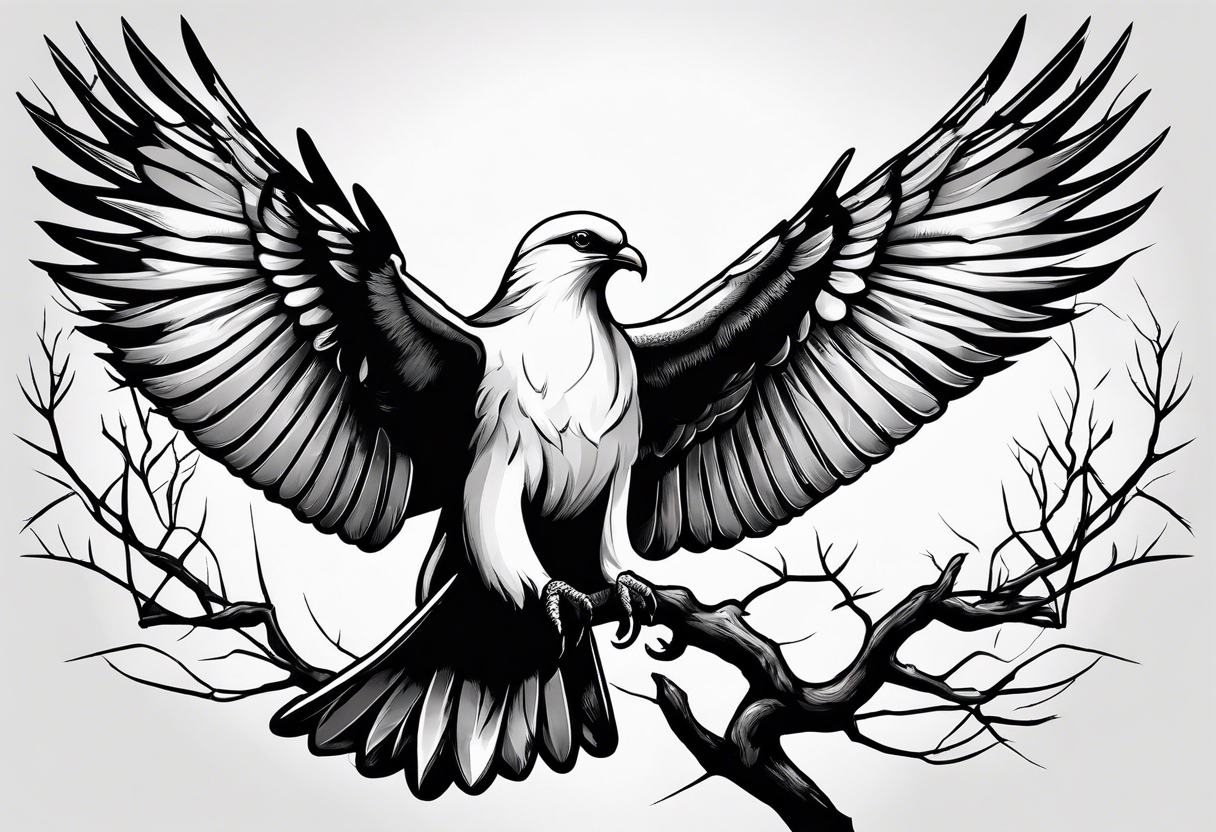 Dove sitting on a branch in the distance with an eagle approaching tattoo idea