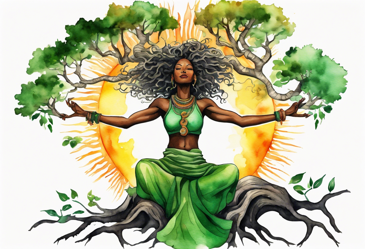 a tree trunk with roots that is a black woman from the waist up, feet made of tree roots, wearing a green tunic, arms stretched upwards towards the blazing sun tattoo idea