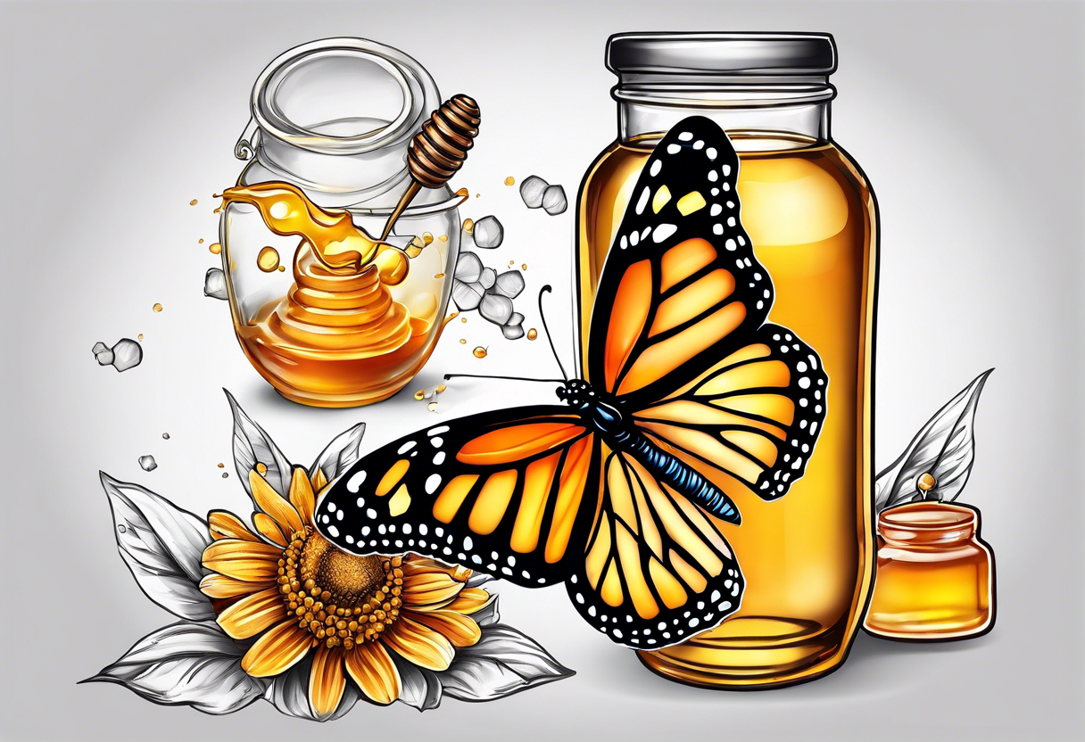 Monarch butterfly with a glass jar of honey with honey spilling over tattoo idea