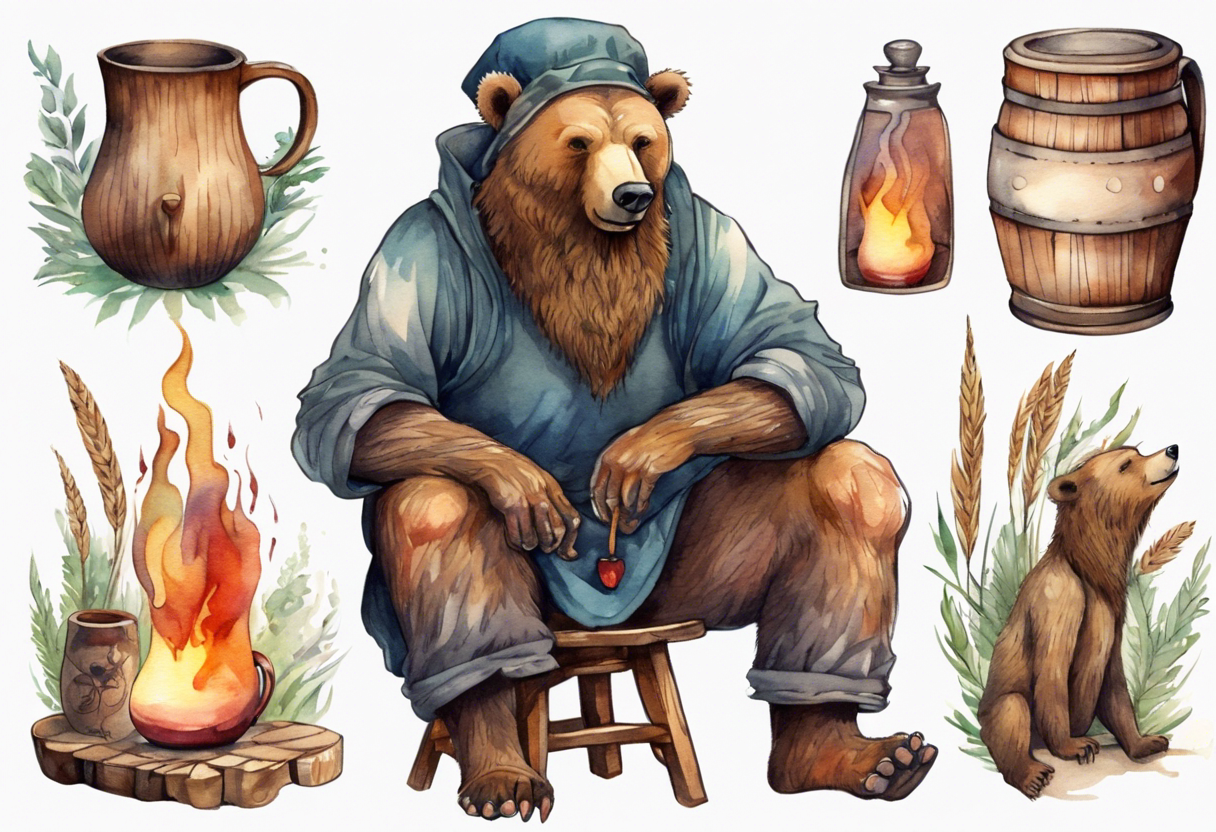 a solitary bear-human hybrid with a long beard wearing a tunic and Phrygian cap, sitting on a stool by the hearth, drinking from a wooden mug, smiling, drunk, reed cheeks tattoo idea