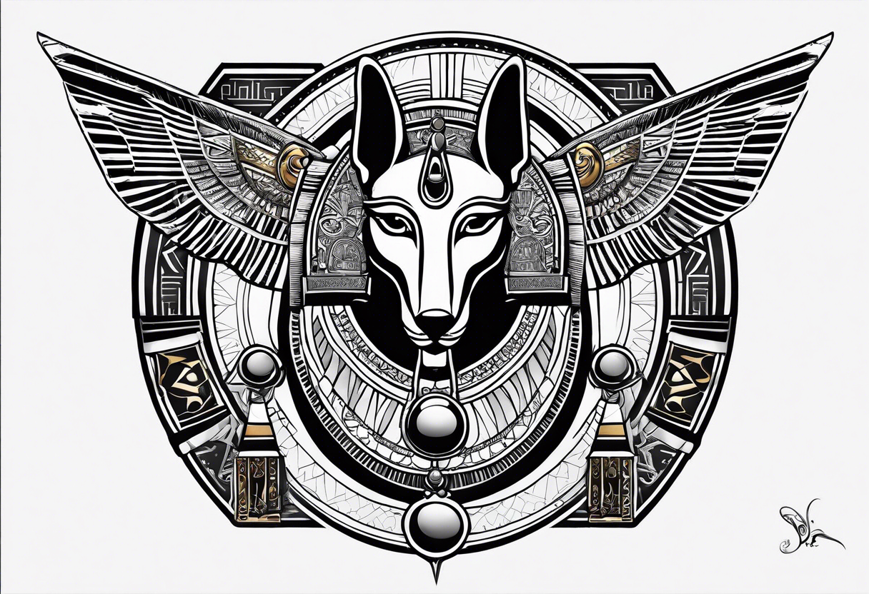 egyptian theme arm sleeve anubis Ra ankh scarab eye of horus tattoo idea