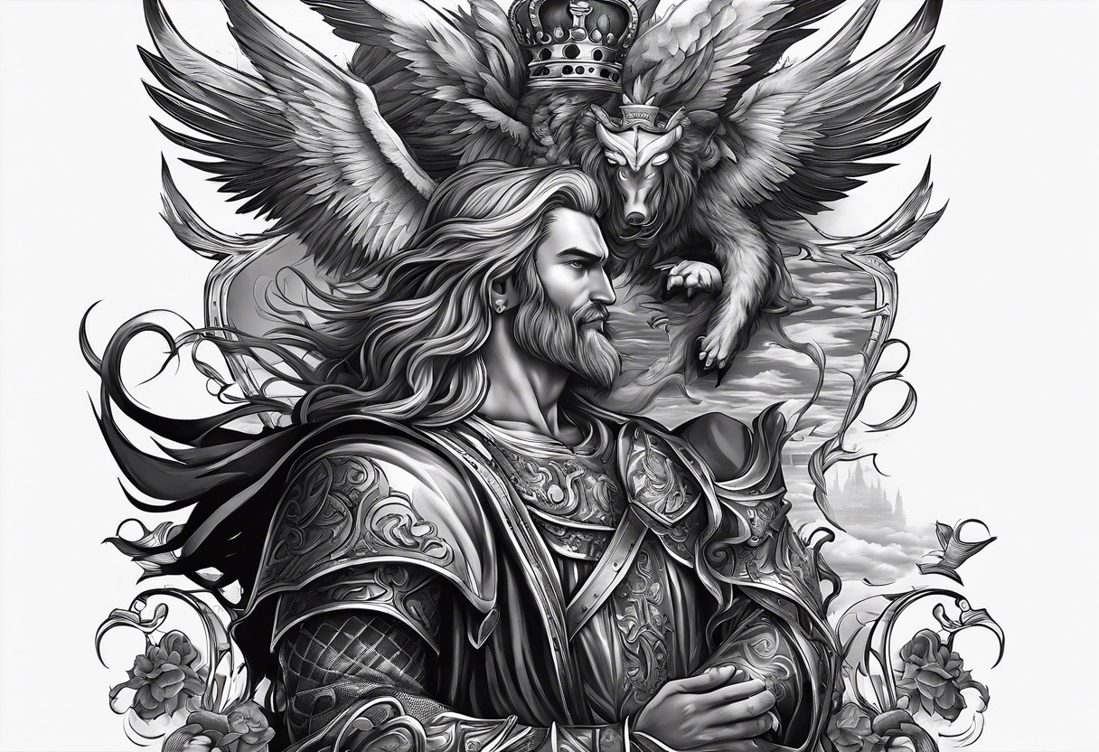 Illustrate a powerful scene where the angelic king checkmates the demonic king, symbolizing the triumph of good over evil in the strategic game of life. tattoo idea