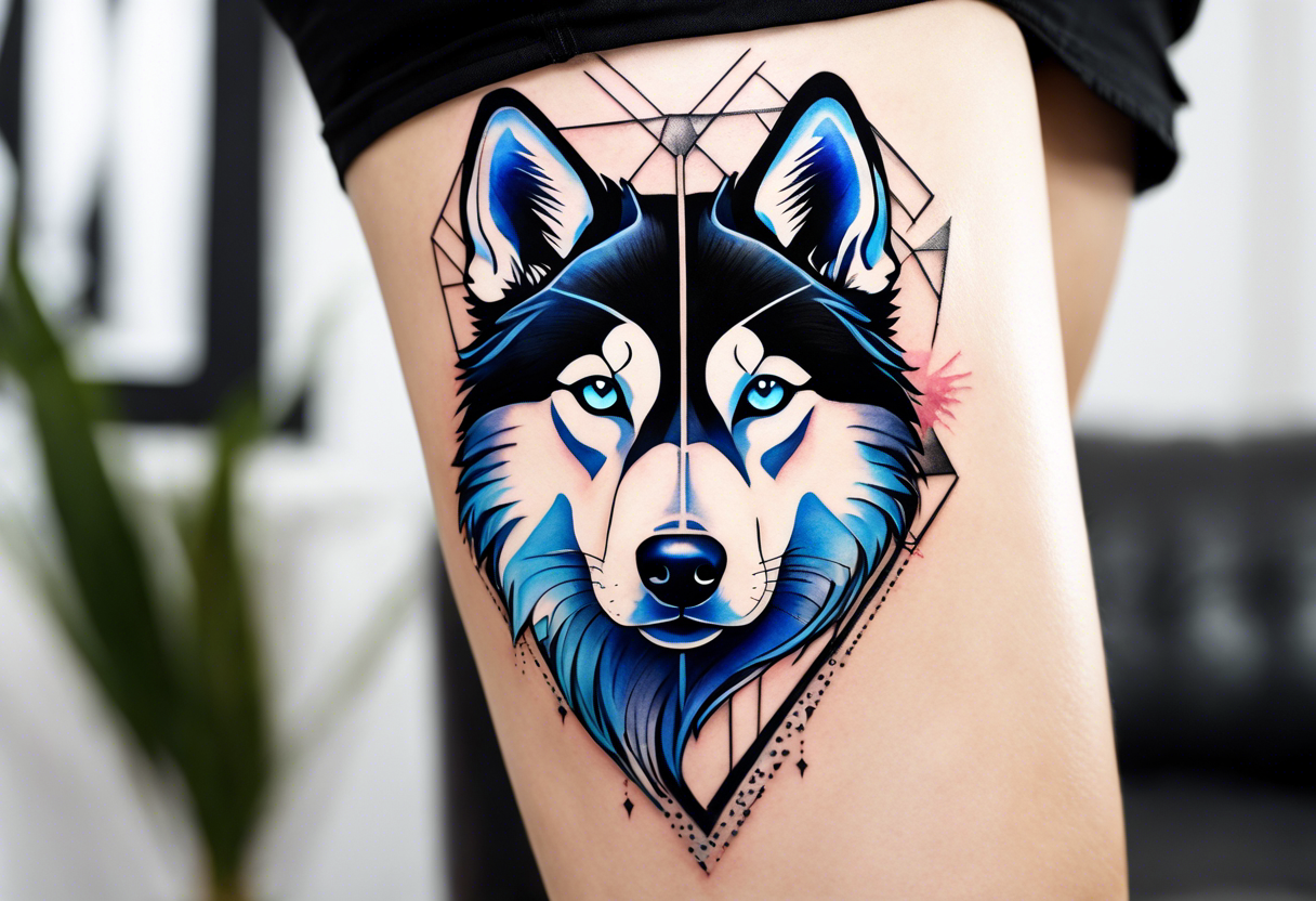 Thigh piece. A black and white Siberian husky with blue eyes. The face should be split in half with one half watercolor and one half geometric. tattoo idea