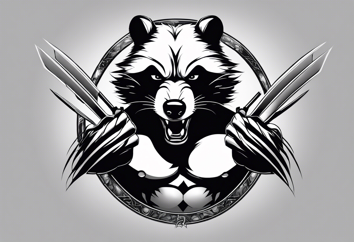 Draw me badger/wolverine with aggressive full body show, killer face with cute smile, very long nails and he attacks like a Turkish gladiator to enemy and also he has very deadly looking. tattoo idea