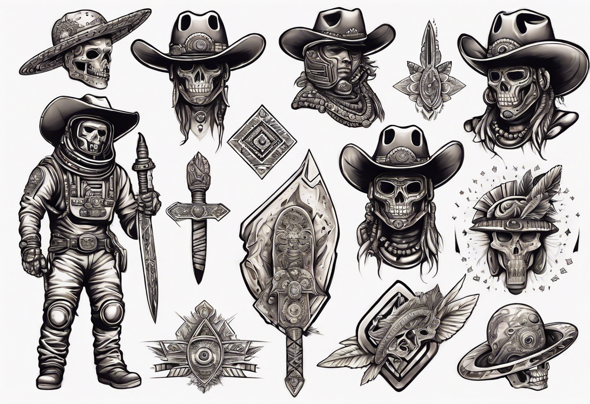 spaceman with a cowboy hat holding a aztec sword tattoo idea