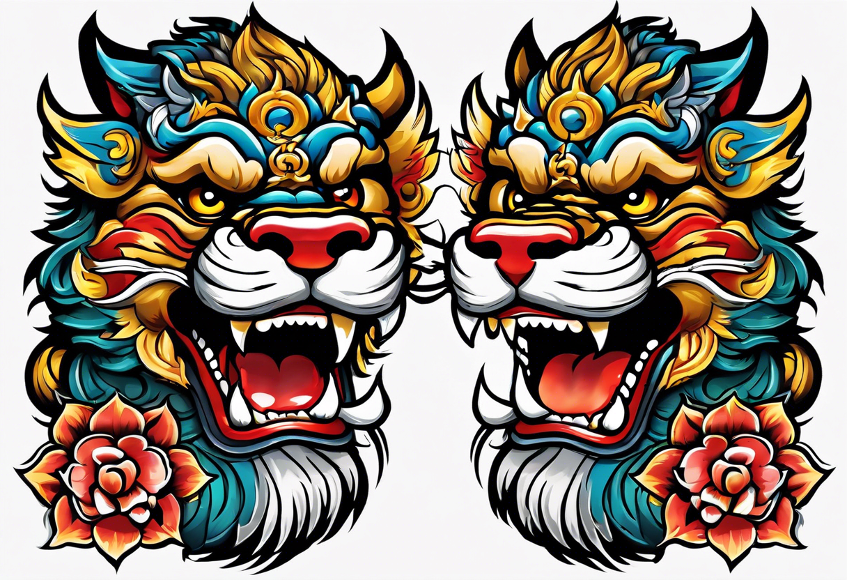 Okinawa-style pair of shisa dogs, one has an open mouth, one has a closed mouth, chest/pecs, Yakuza style, old school tattoo idea