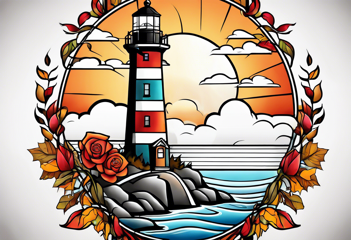 thigh tattoo in fall colors, showing lighthouse, water flow around rocks, sky, clouds, leaves, roses and no trees tattoo idea