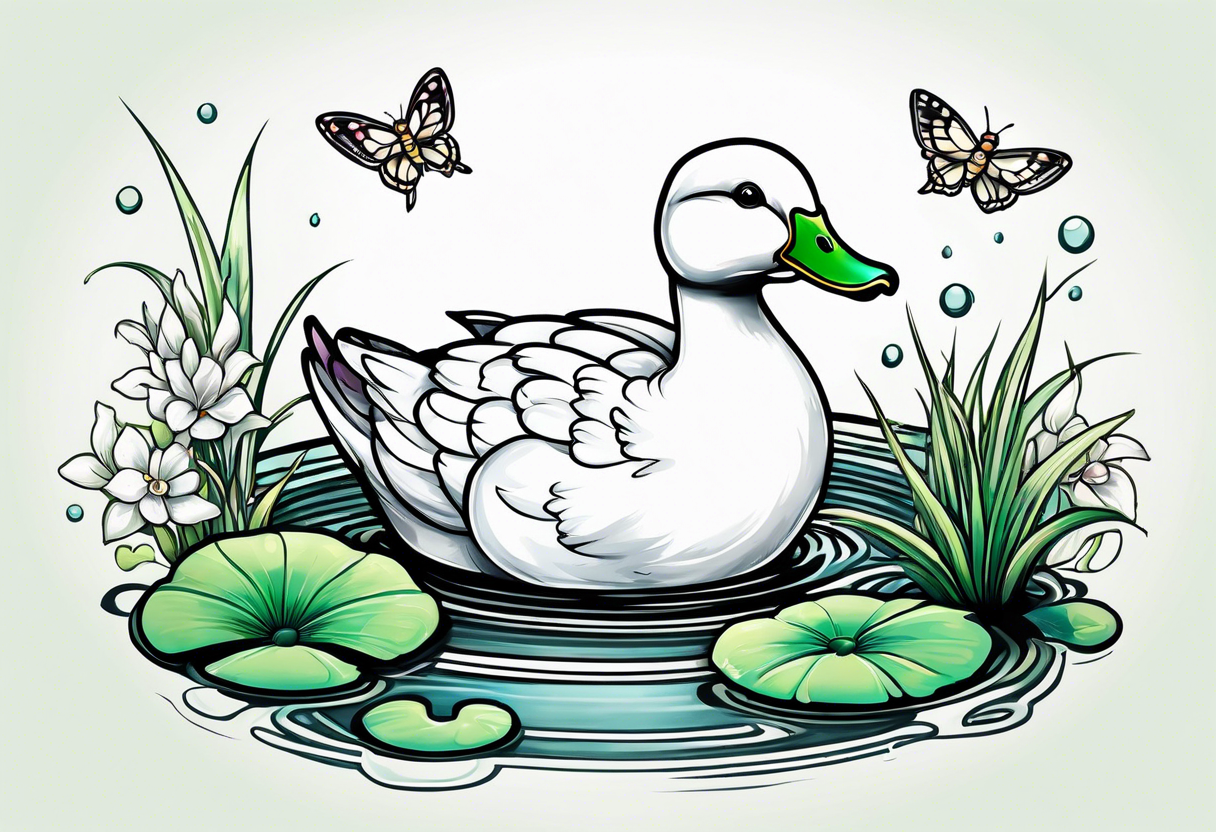 A white Duck a green toad and a moth playing together in a pond tattoo idea