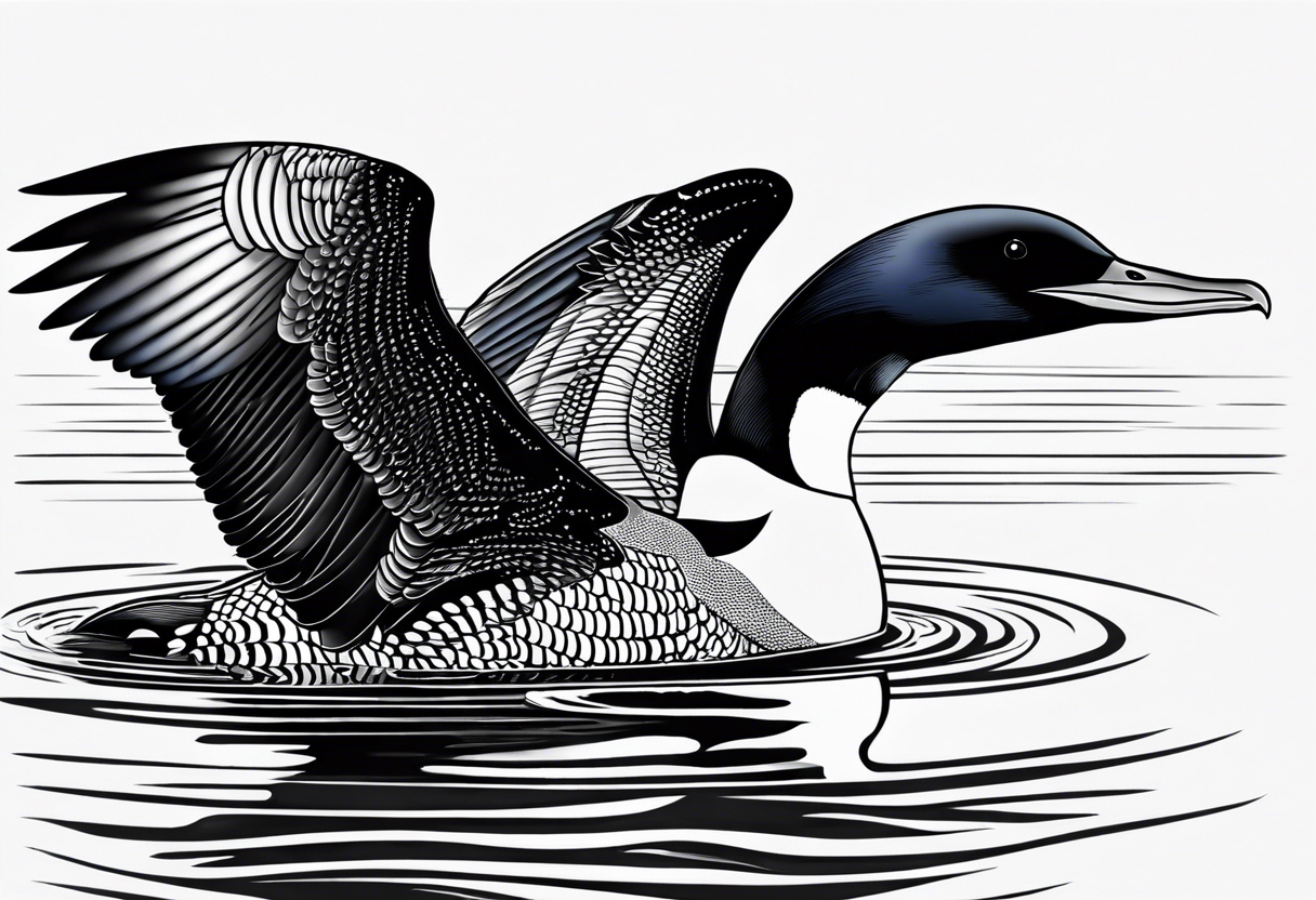 A North American common loon looking majestic as it spreads its wings in the water. On the mid-upper thigh. It should be a vertical tattoo and head on of the loon. tattoo idea