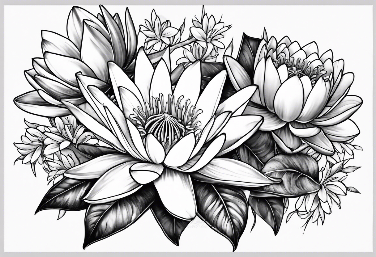 Water lilies and larkspur bouquet tattoo idea