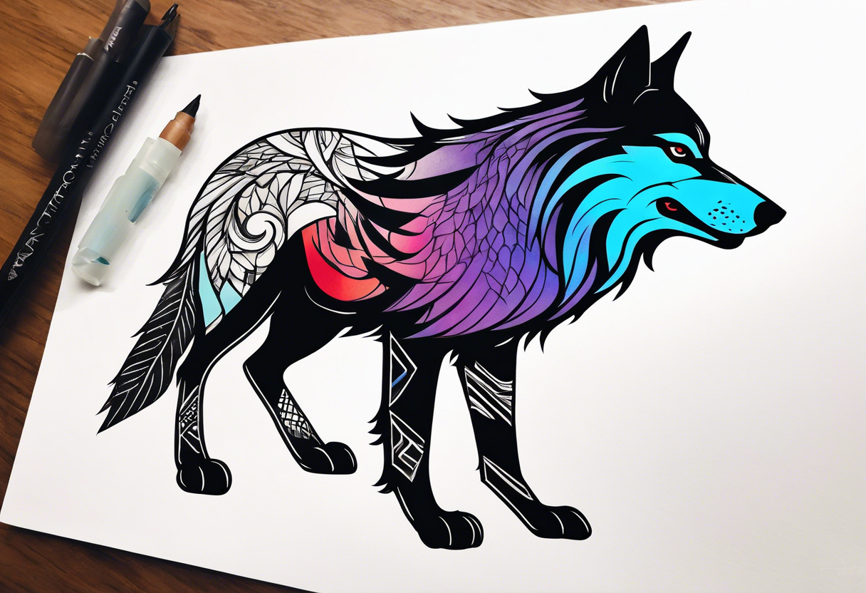 a colorful wolf with a Raven tattoo idea