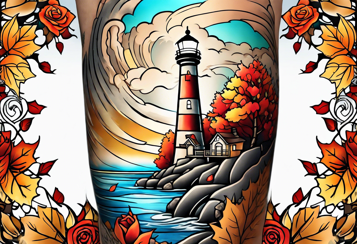 thigh tattoo in fall colors, showing lighthouse, water flow around rocks, sky, clouds, leaves, roses and no trees tattoo idea