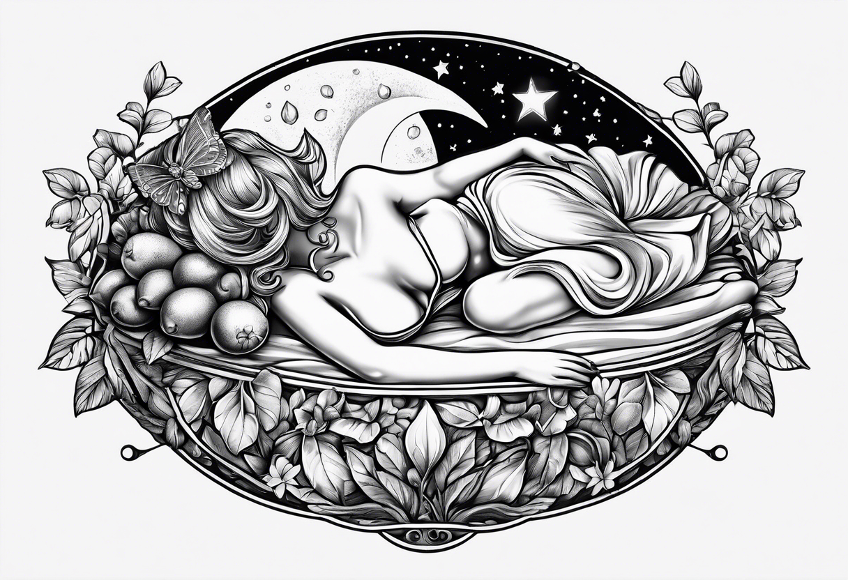 Fairy asleep on half a lemon tattoo idea