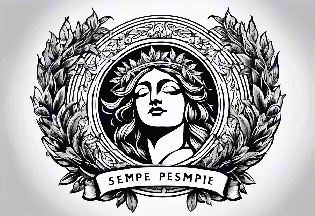 the phrase "sempre per sempre" surrounded by a laurel wreath with classic design and st. jude image tattoo idea