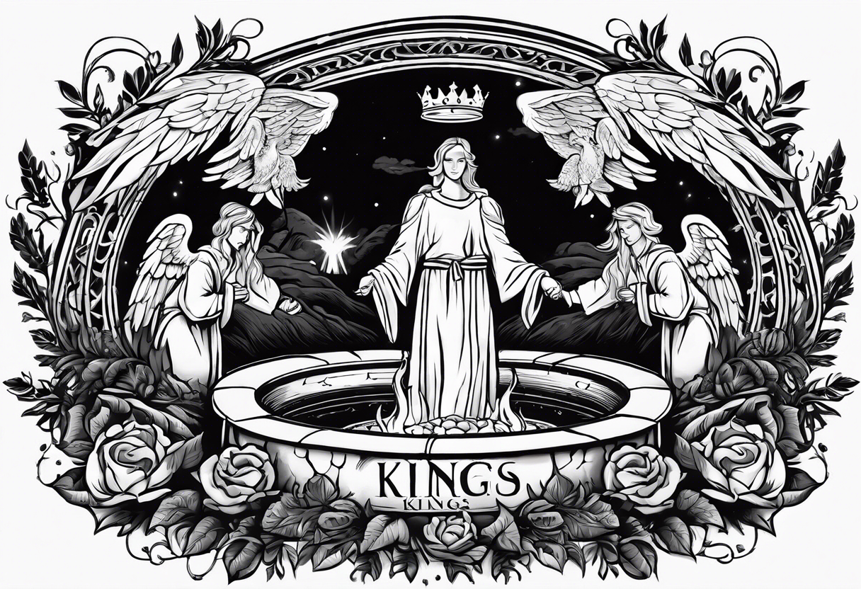 3 men holding hands in a big fire pit with an angel in the background with the word kings on top of it with a crown on top of that tattoo idea