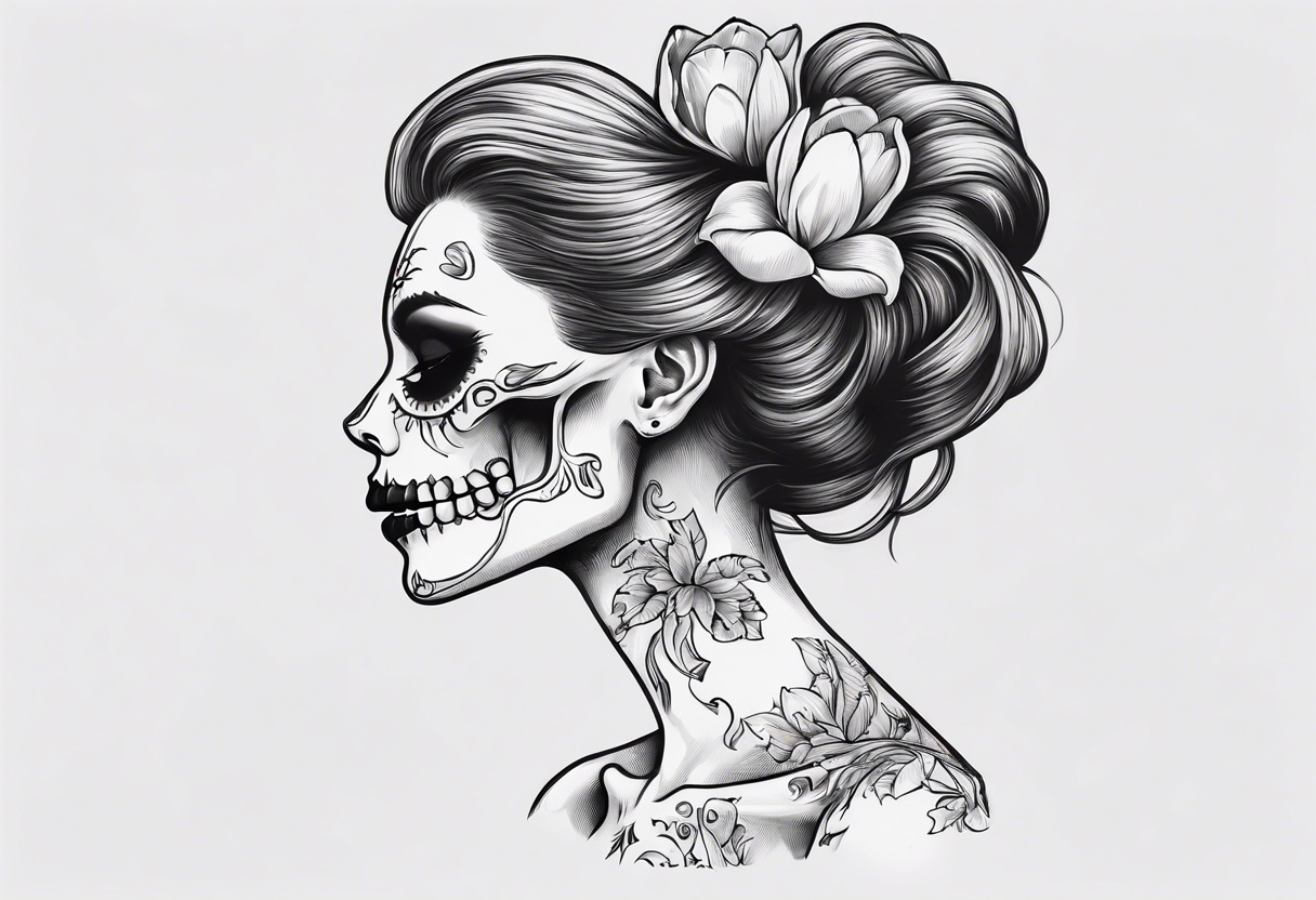 sideview of female skull with long open hair and tulip tuft in mouth and catrina painting, friendly mood tattoo idea