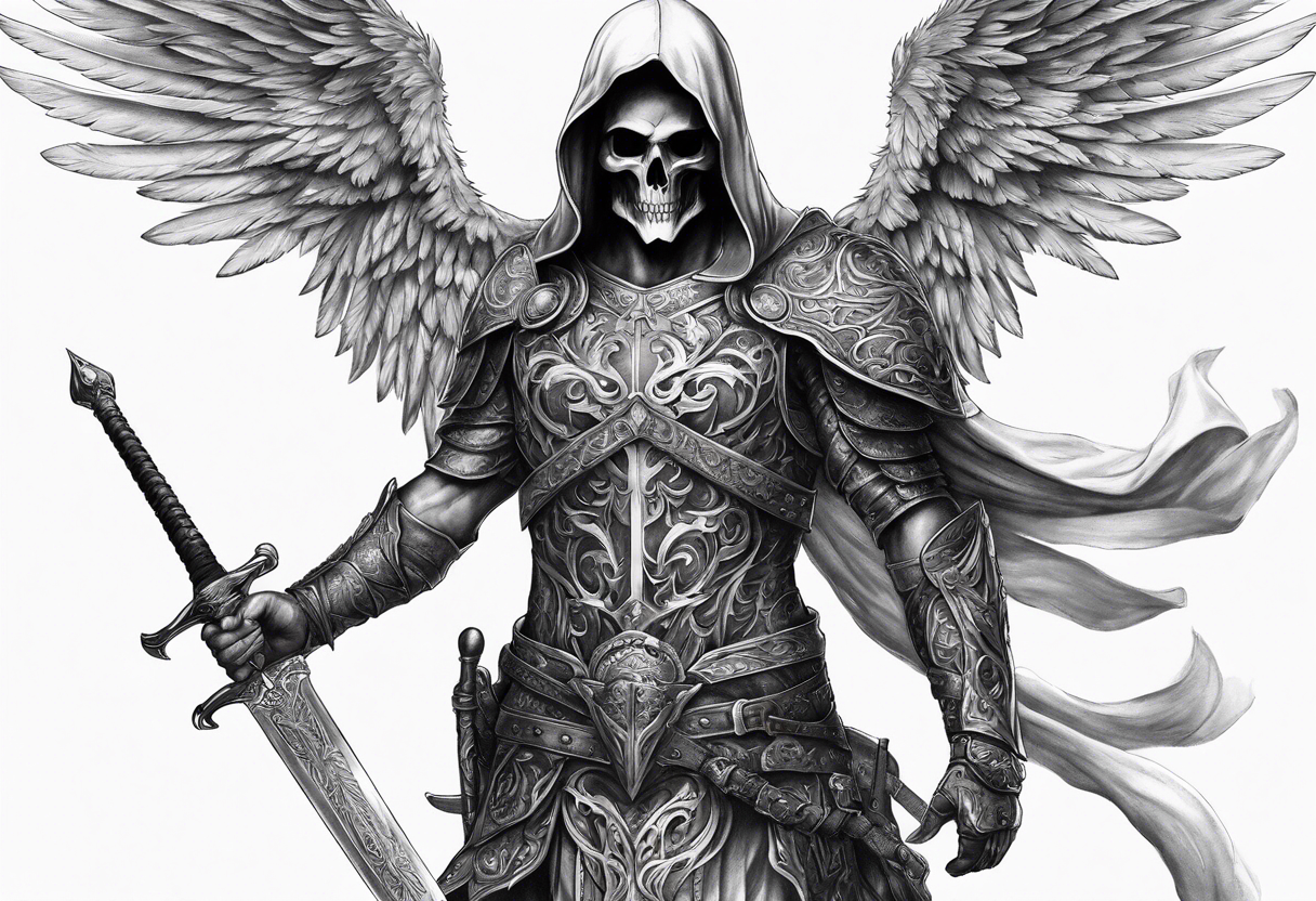 realistic full body of man angel of death, without face, with armour, holding sword in right hand tattoo idea