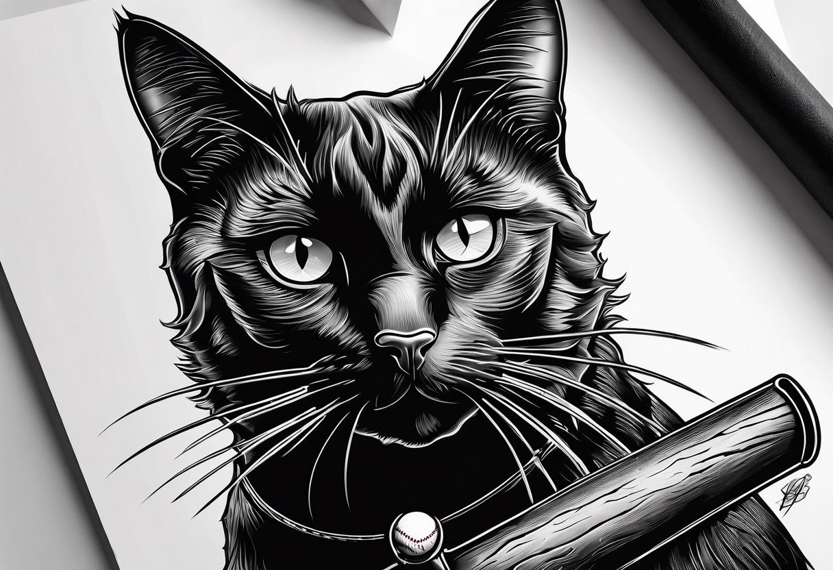 black cat hold a baseball bat tattoo idea