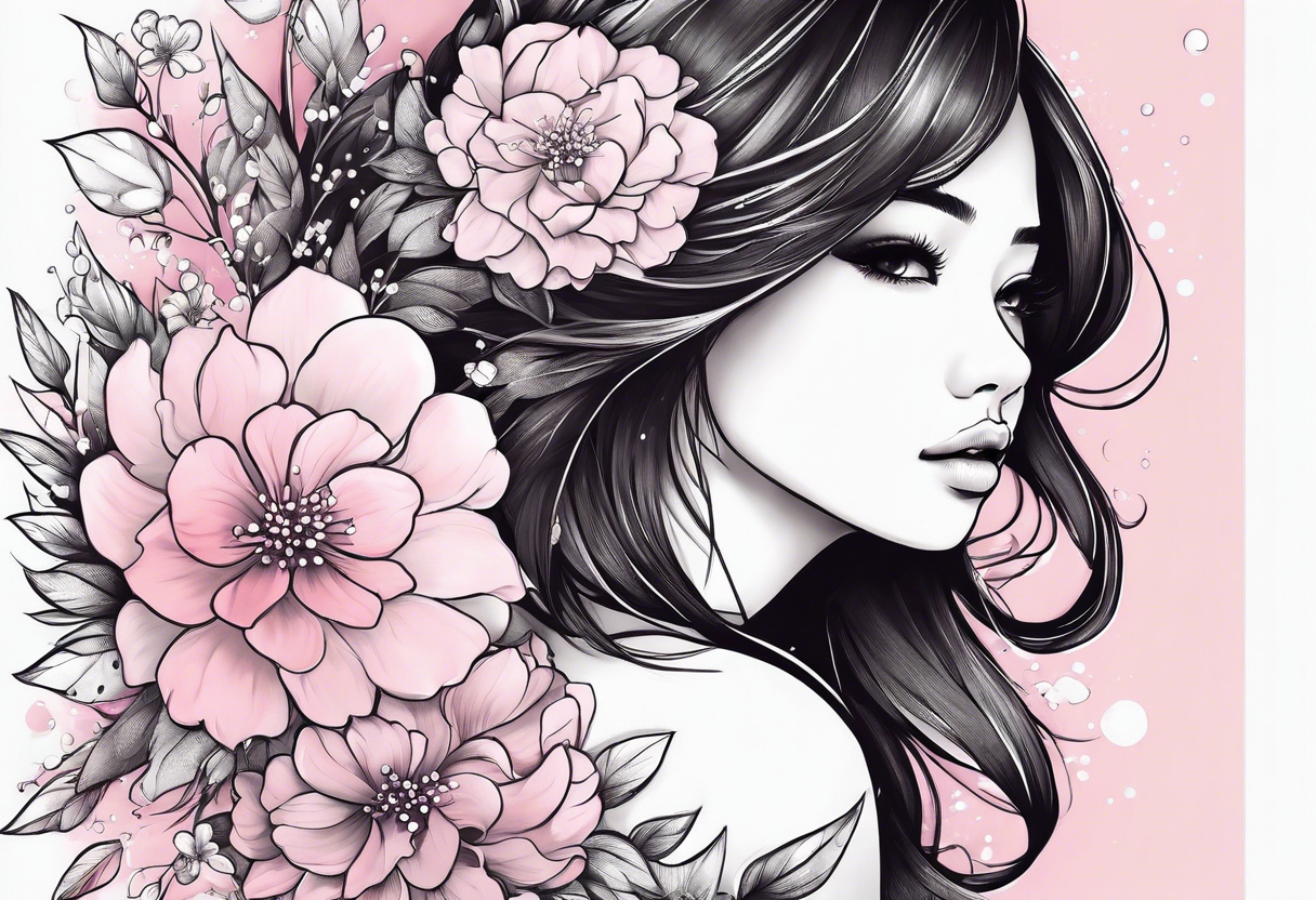 a cute girl with 
Chi Gypsophila
 flower pink color tattoo idea