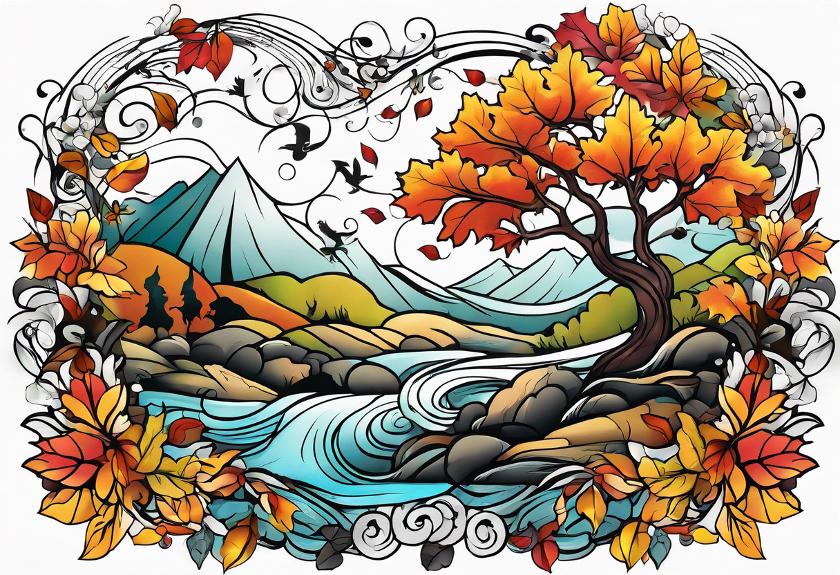 arm sleeve with fall colors, flowers, water flow shapes, leaves and various natural shapes, music staff tattoo idea
