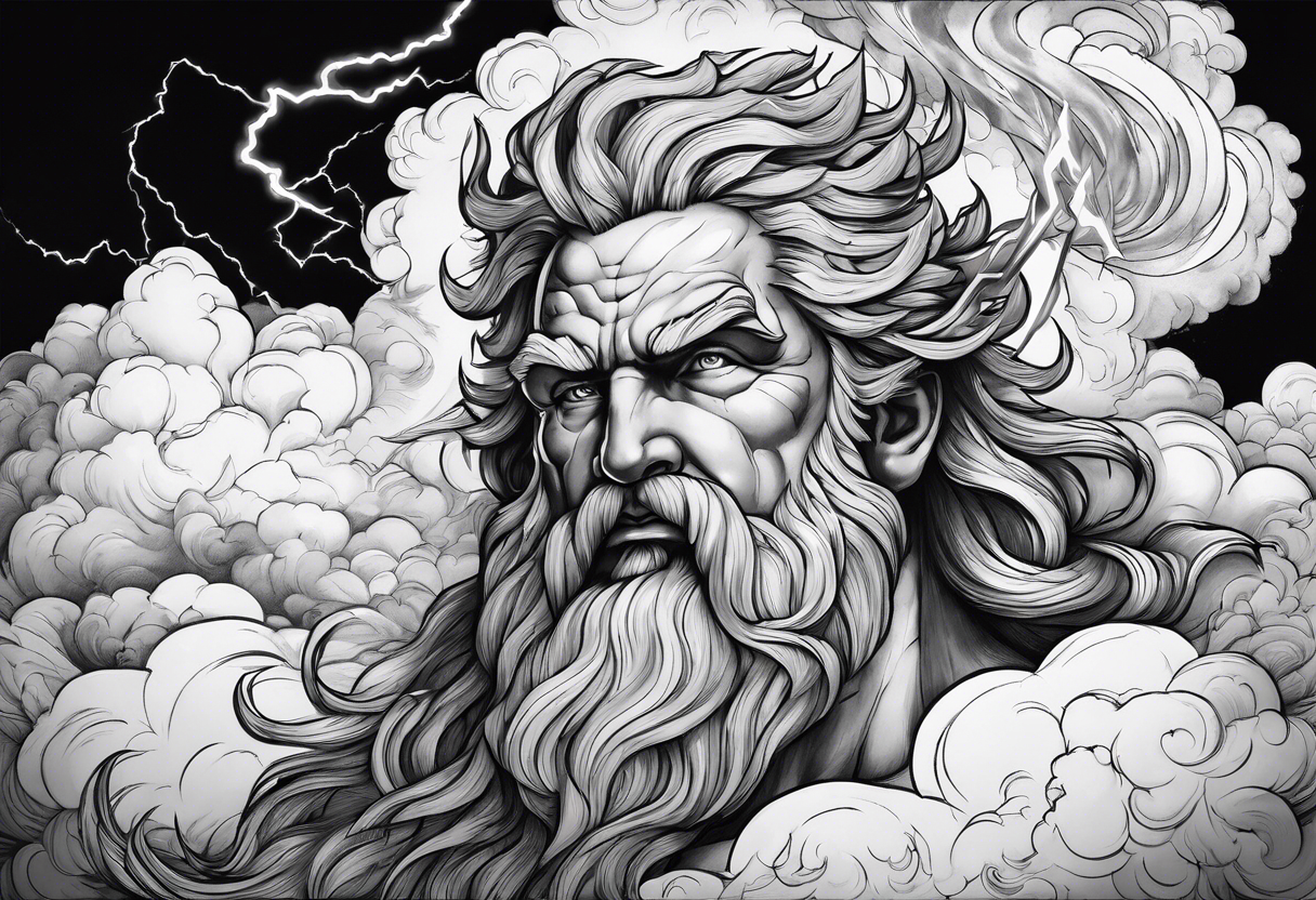 Zeus with a lightning bolt on clouds and Hades in hell below tattoo idea