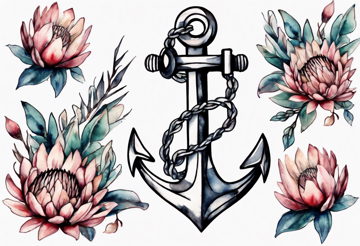 Very feminine tattoo of an anchor with protea flowers tattoo idea