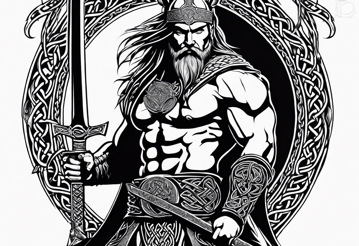 Sideways facing full body shot of a Celtic warrior with weapons unsheathed tattoo idea