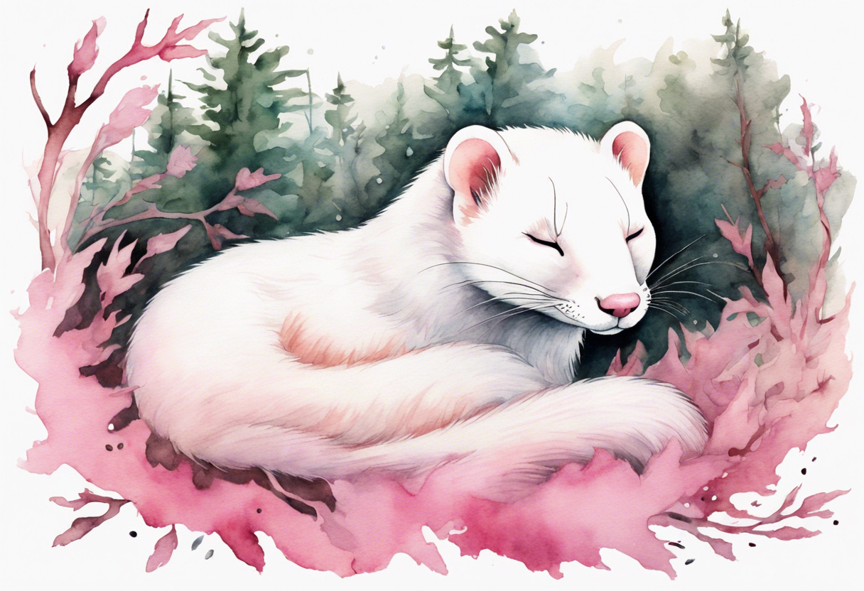 watercolor of an ermine covered in pink fur with a pink nose sleeping in a forest tattoo idea