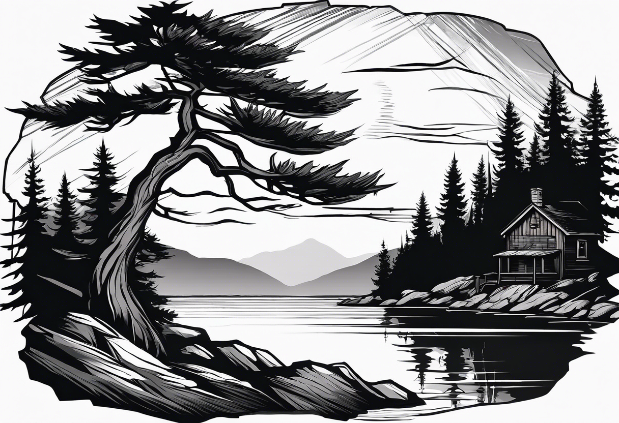 Sleeve tattoo windswept pine tree before lake with low rockface on far side of lake. Mastiff silhouette in the foreground. with a dock coming out from the shore. Canadian shield tattoo idea