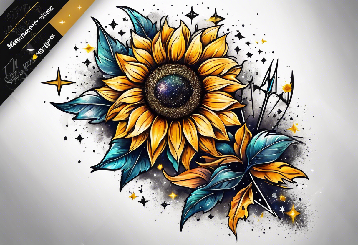 small sunflower surrounded by cosmic stars and arrow tattoo idea