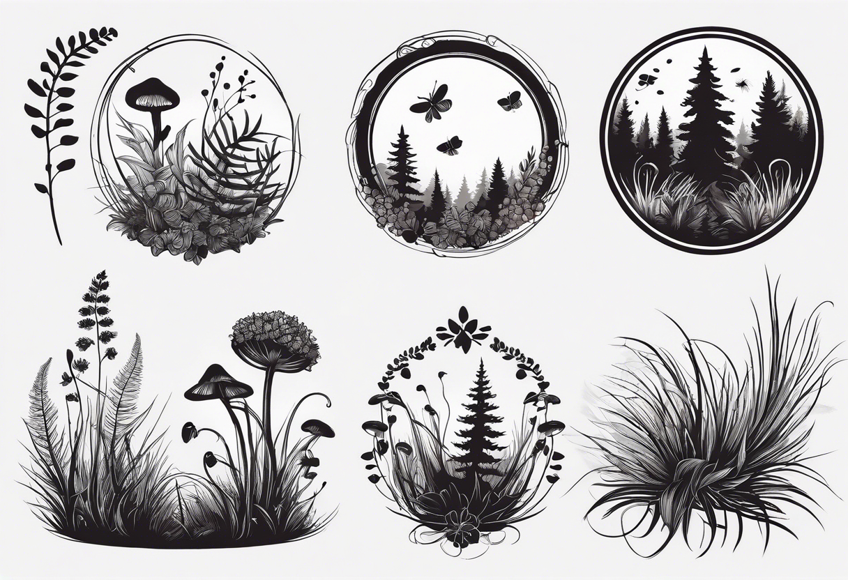 forest floor inspired minimalist tattoo, which includes grass, curly ferns, moss and dead leaves as the bulk of the tattoo. details to include: forest berries, a tiny bumblebee flying nearby, three small brown mushrooms
Generate a vertically long one tattoo idea