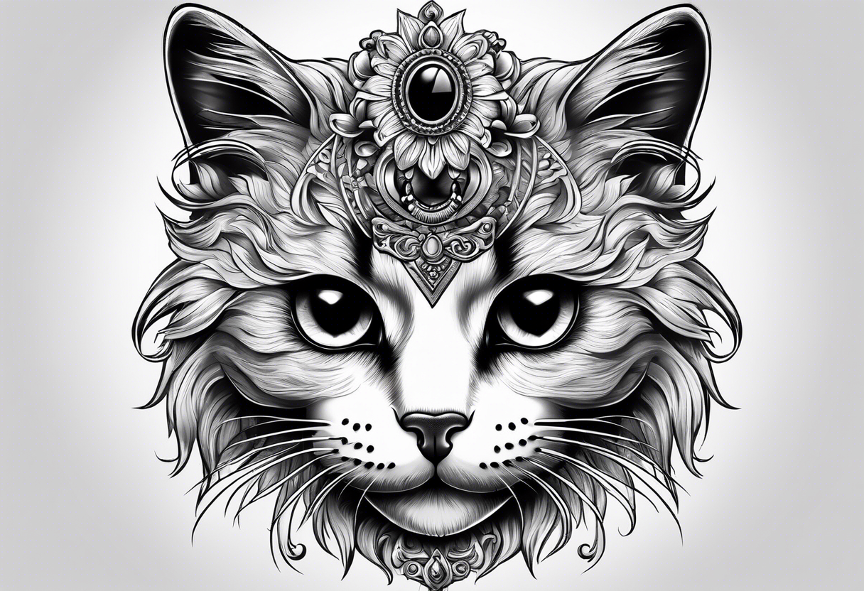 cat with empty eyes with paws above a skull tattoo idea