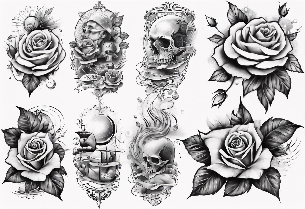 Half-sleeve arm tattoo. Roses, gambling and beach theme tattoo idea