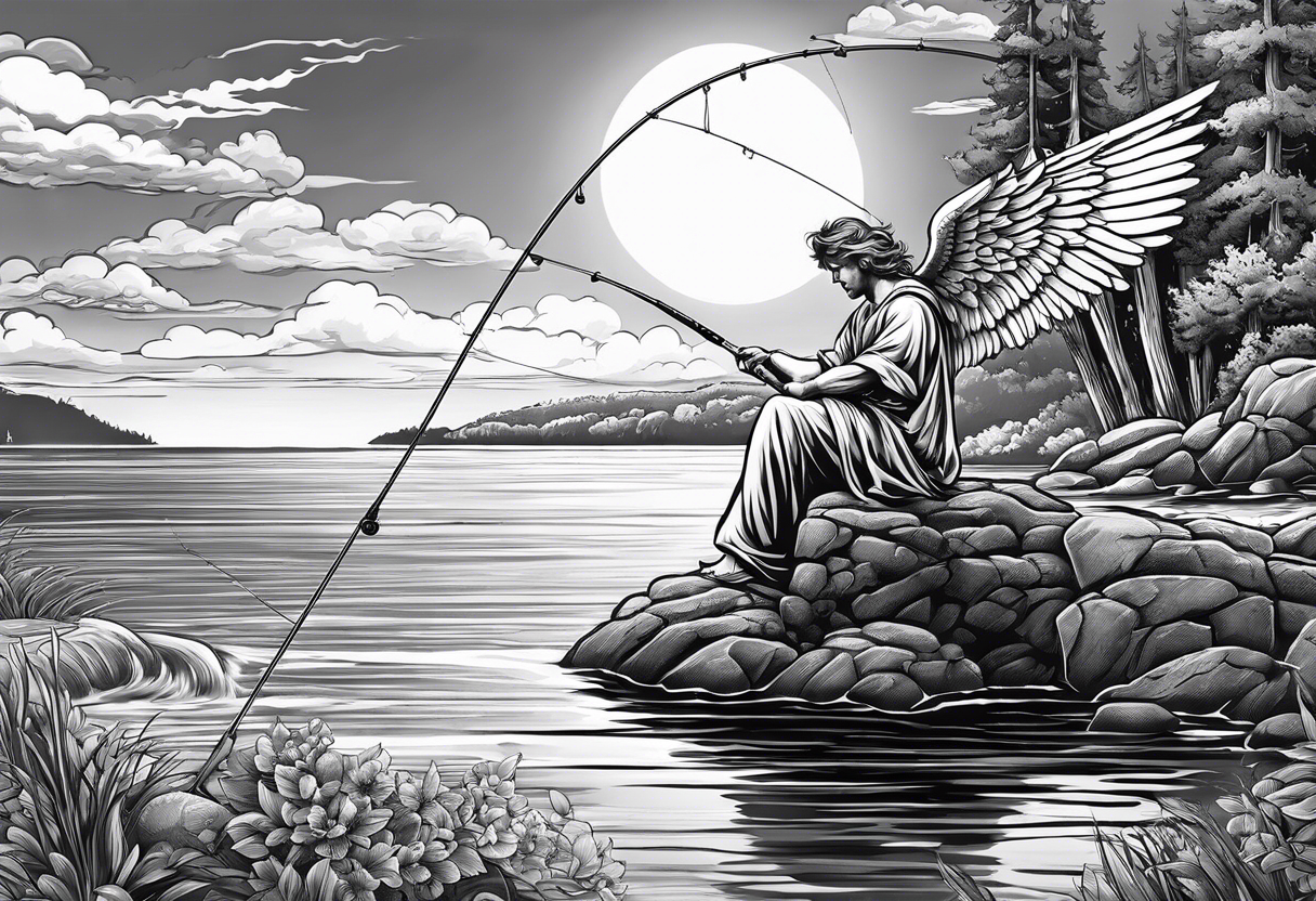 male angel with halo fishing in on a shore tattoo idea